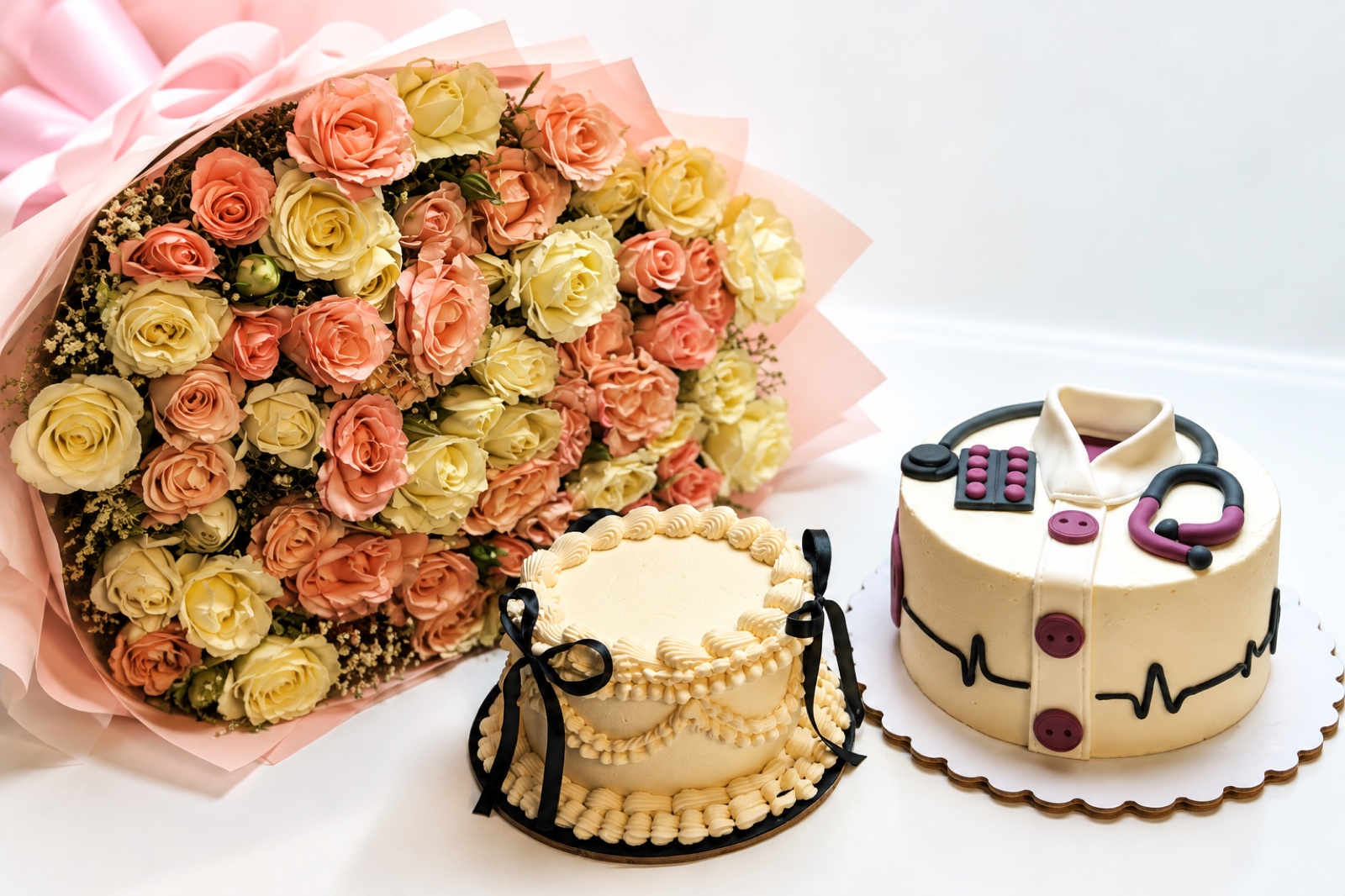 A bouquet of peach roses with two custom celebration cakes